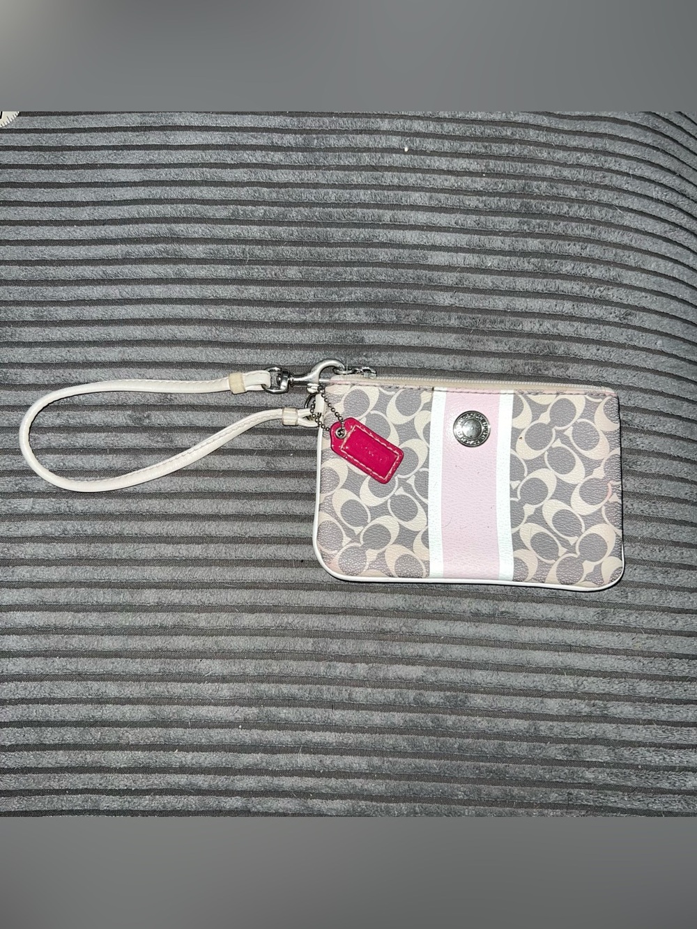 COACH Heritage Signature C Mini Skinny Wristlet Wallet Khaki Pink Stripe